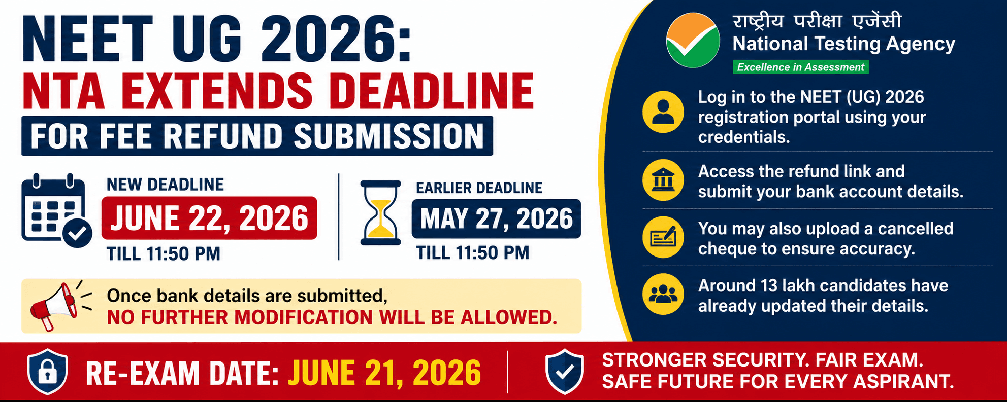 Relief for Aspirants: NTA Extends NEET-UG 2026 Fee Refund Submission Deadline to June 22